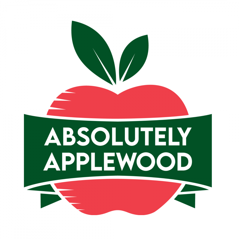 Absolutely Applewood logo, a red apple with a banner across it that says "Absolutely Applewood"
